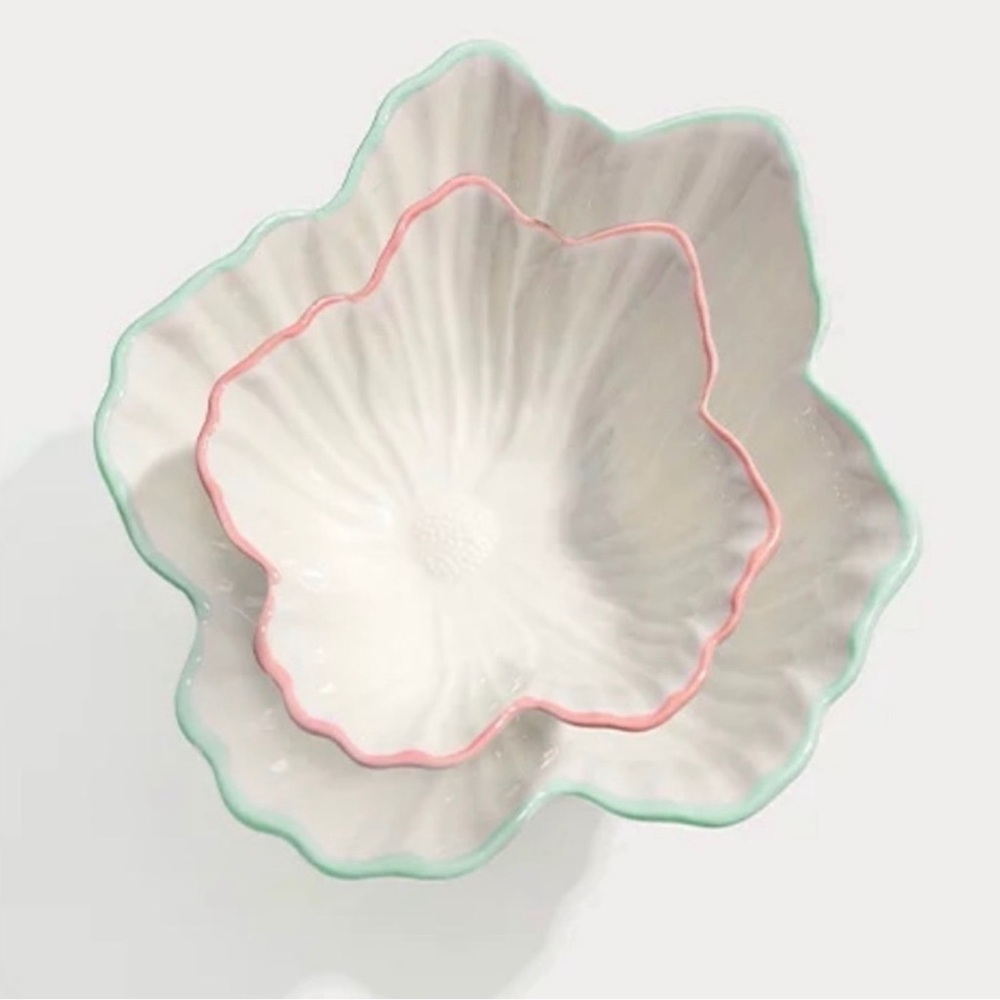 Lilly Pulitzer White Floral Ceramic Nesting Bowl and Dish with Pink & Mint Rims